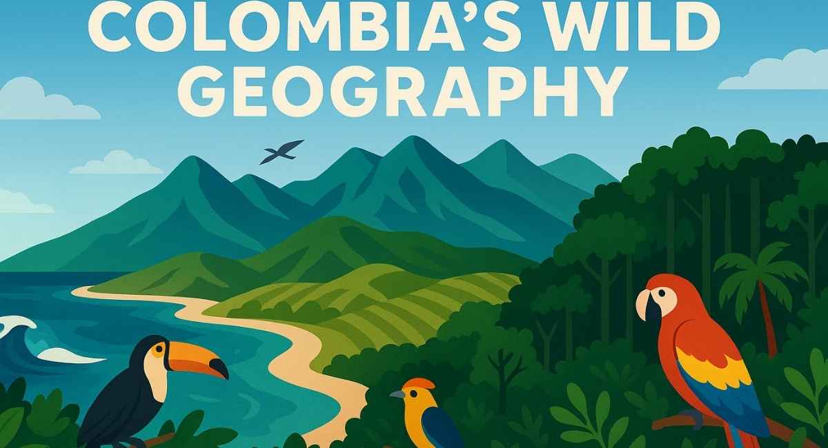 Illustration of Colombia’s wild geography featuring the Andes Mountains, Pacific and Caribbean coastlines, rainforest, and tropical birds like toucans and macaws