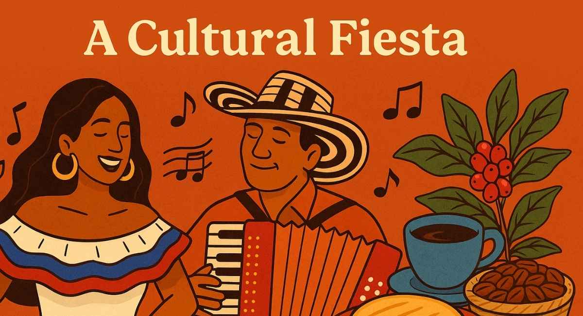 Illustration of Colombian cultural fiesta with a woman dancing, a man playing accordion, traditional arepa, coffee beans, and music notes celebrating Colombian heritage.