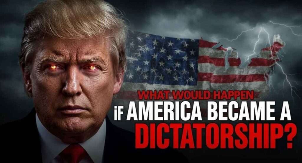 Dramatic YouTube thumbnail showing a conceptual image of Donald Trump with glowing red eyes, torn American map with USA flag, and bold text asking what would happen if America became a dictatorship