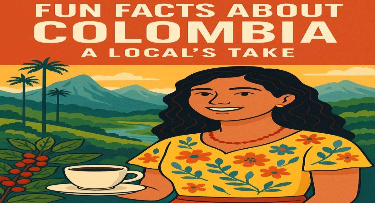 Fun facts about Colombia illustrated through a smiling local woman, coffee culture, Andean mountains, and colorful traditional scenery