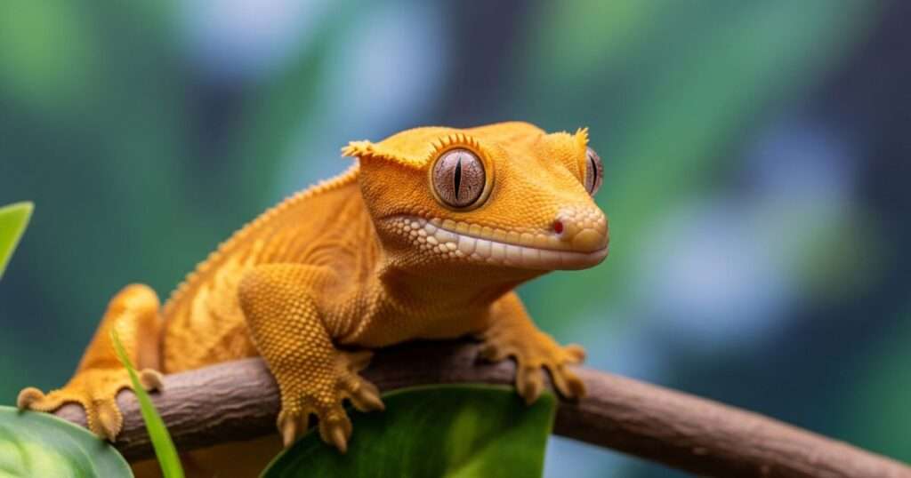 A close-up shot of a bright orange crested gecko reptiles sitting on a branch with green leaves.