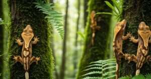 A group of crested gecko reptiles climbing on mossy branches in a lush, green habitat.