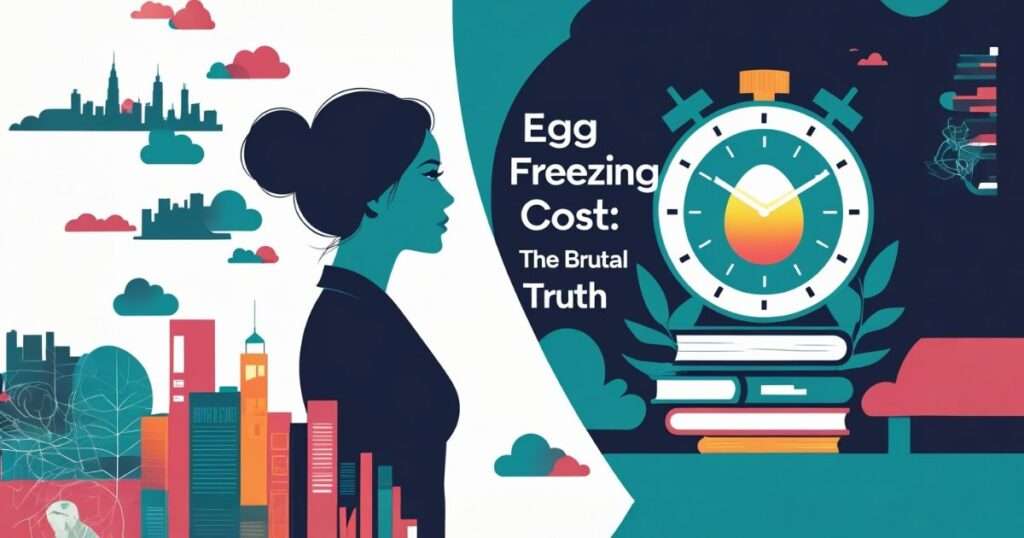 A graphic illustration of a woman balancing her career (cityscape) and her biological clock (a stopwatch containing an egg), with the text "Egg Freezing Cost: The Brutal Truth.