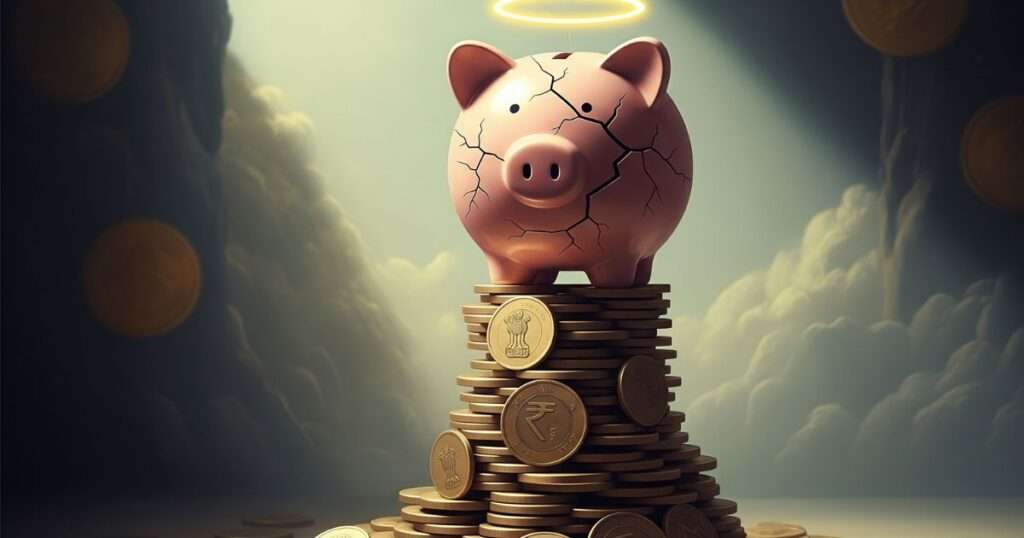 A cracked pink piggy bank with a glowing halo sits on a pile of Indian Rupee coins, symbolizing the flawed role of the National Finance Commission as a financial savior.