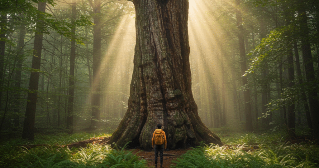 A lone hiker stands at the base of one of the largest Pennsylvania trees, a colossal Eastern White Pine, its immense scale highlighted by golden sunlight in a dense forest