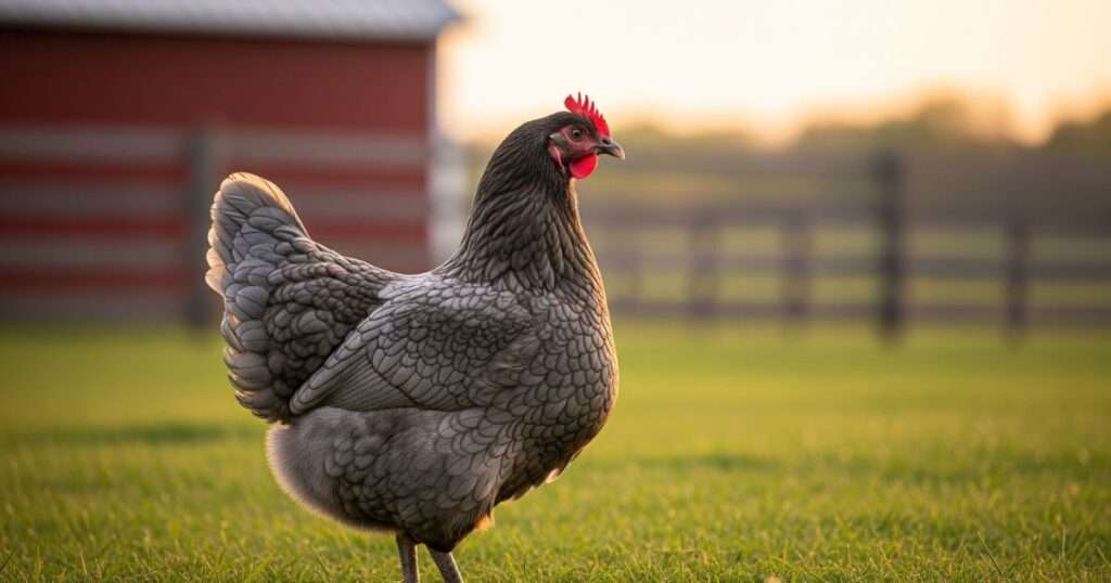 A Blue Jersey Giant hen standing in a lush green pasture during golden hour, with a red barn and a fence in the background.